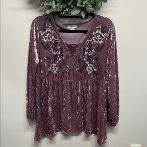 NWOT Style & Co Embroidered Lace Up Crushed Velvet Long Sleeve Blouse M